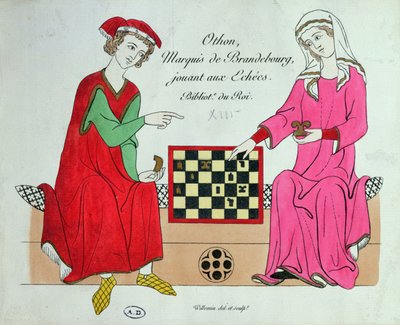 Otto IV, Marquês de Brandenburgo, jogando xadrez com uma senhora, ilustração de um fac-símile do Manesse Codex ou Grosse Heidelberger Liederhandschrift, feito em Zuerich c.1305-40 (cor litho) de Unbekannt