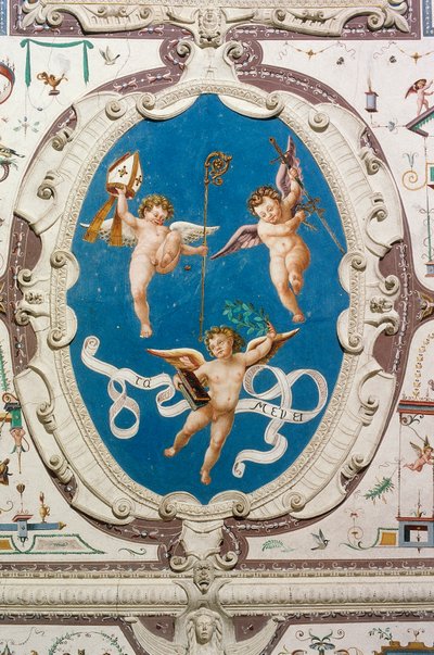 Oval representando três putti (1560), detalhe do teto do Hall of Grotesques, Castelo Della Manta, Manta (Cuneo), Piemonte, Itália de William M. Timlin