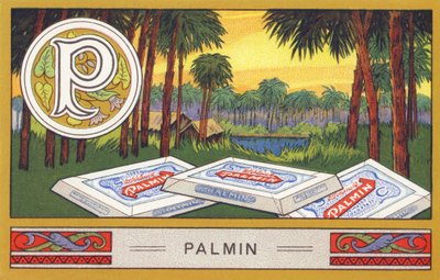 P: Palmin - Alfabeto Palmin. Série de cromolitógrafos publicada por H. Schlinck & Cie, Hamburg, n.d. . Anúncio para Palmin feinstes Cocosfett. Tamanho : 7 x 11 cm de William M. Timlin