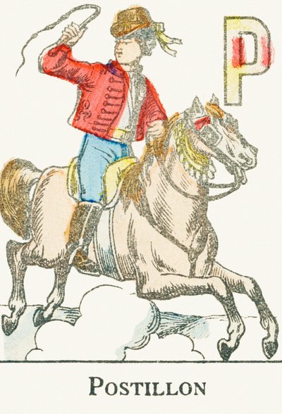 P: Postillon, um jovem cavaleiro em fato de cossaco - Gravura tirada do "Alphabet des jeux", cerca de 1890 de Unbekannt