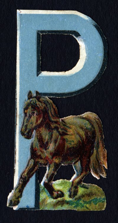 P como o Pony. Decoupis de escaravelho sobre o tema dos animais. Gravura. Série de 26 cromolitógrafos de waffle de origem inglesa. Editor e ilustrador desconhecido. Fim do século XIX. Dim: 5,5x3,5cm. de Unbekannt