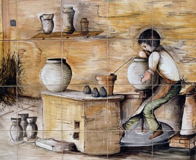 Painel maiolica pintado retratando a cena da cerâmica, feito à mão pela Ceramiche Desuir, Santo Stefano di Camastra, Sicília, Itália, Detalhe de William M. Timlin