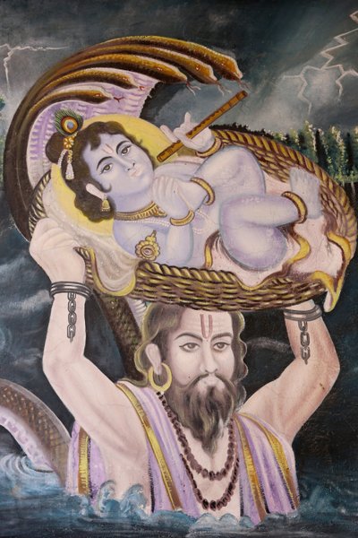 Pintura em Gokul : Krishna em bebé transportado sobre o rio Yamuna por Vasudeva. Índia de Unbekannt