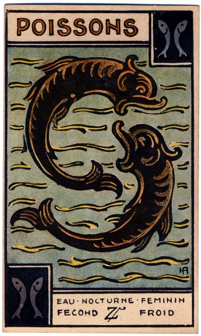 Paranormal. Astrologia. Peixes (os Peixes). Carta astrológica de: Le Tarot Astrologique (Tarô Astrológico), de Georges Muchery, França de Unbekannter Künstler