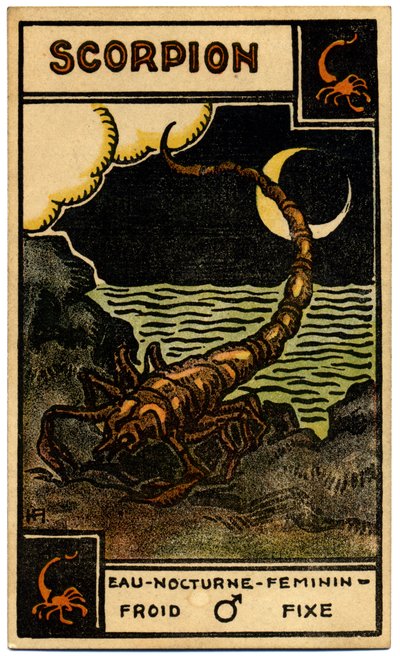 Paranormal. Astrologia. Escorpião (o Escorpião). Carta astrológica de: Le Tarot Astrologique (Tarô Astrológico), de Georges Muchery, França de Unbekannter Künstler