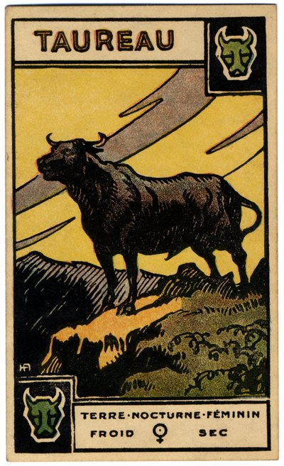Paranormal. Astrologia. Taurus (o Touro). Carta astrológica de: Le Tarot Astrologique (Tarô Astrológico), de Georges Muchery, França de Unbekannter Künstler