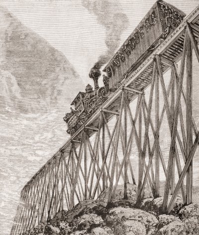 Parte de uma ferrovia de quatro quilômetros de extensão em New Hampshire, Estados Unidos, construída para viagens recreativas e para os passageiros desfrutarem de vistas panorâmicas, c.1880, de 
