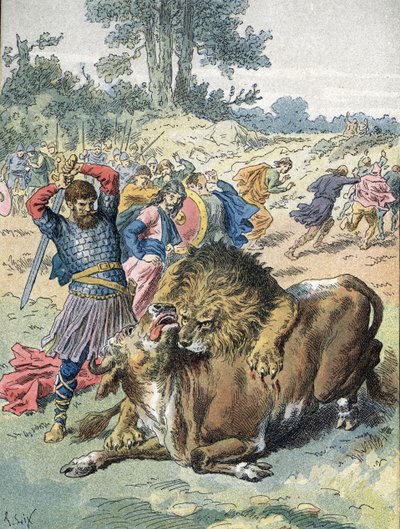Pepin the Brief lutando contra um leão e um touro no Champ de Mars para provar a sua coragem (751) de Unbekannter Künstler
