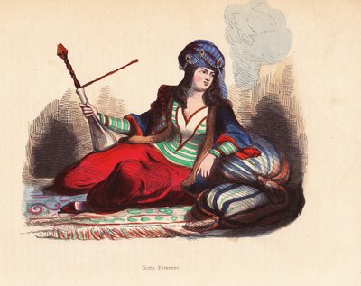 Dama persa - Mulher nobre persa com turbante de jóias, casaco de peles, túnica e calças, fumando cachimbo de água, reclinada sobre almofadas e tapete - Xilogravura colorida à mão por Pannemaker e Mercier a partir de uma ilustração de H. Hendrickx de "Mores de Unbekannter Künstler