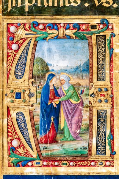 Biblioteca Piccolomini: livro coral, código. 14.P., ff. 2r com "a Visitação de Maria e Santa Isabel, de Giovanni di Giuliano Boccardi, conhecido como Boccardino, o Ancião". Detalhe. de Unbekannter Künstler