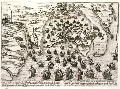 Plano do porto de Cádiz em 1596 no momento do ataque de Sir Walter Raleigh (gravura) de Unbekannter Künstler