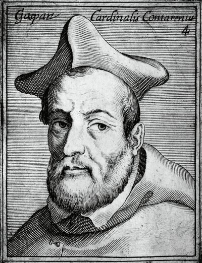 Retrato de Gasparo Contarini (1483-1542), cardeal e bispo italiano, gravura de Illustrissimorum, omnique virtutis, et scientiarum laude praestantissimoru virorum icones, de Claudius Pernetus de William M. Timlin