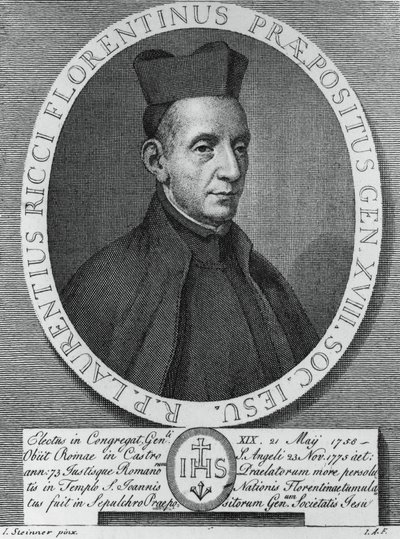 Retrato de Lorenzo Ricci (1703-1775), jesuíta italiano e 18º Superior Geral da Companhia de Jesus, gravura de William M. Timlin