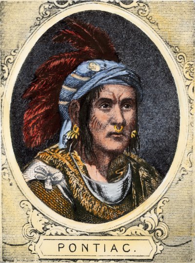 Retrato de Pontiac (ou Obwandiyag, ca. 1714-1769), chefe da tribo indígena dos índios Outaouais de Detroit (Nação Ottawa). Gravura a cores do século XIX. de Unbekannter Künstler