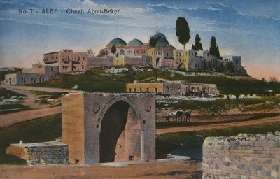 Cartão postal representando a Mesquita Shaykh Abu Bakr em Aleppo, Síria, c.1920 (fotolito colorido) de Unbekannt