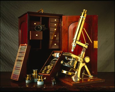 O microscópio de soutiens Powell e Lealand tem três pernas equipadas com uma caixa de madeira com vários acessórios. de Unbekannt