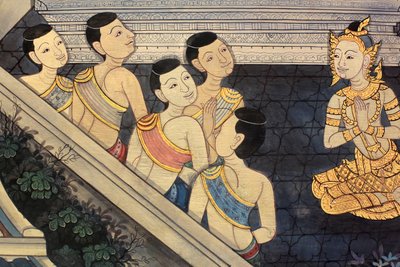 Príncipe Rama. Detalhe mural nas paredes interiores do Vihara da época do rei Rama III, retratando o Ramakian. Wat Pho - Wat Phra Chettuphon. 1788. Banguecoque. Tailândia de Unbekannt