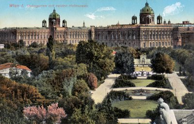 Jardins públicos com os dois museus Hof, Viena, finais do século XIX/20 (postal) de Unbekannter Künstler