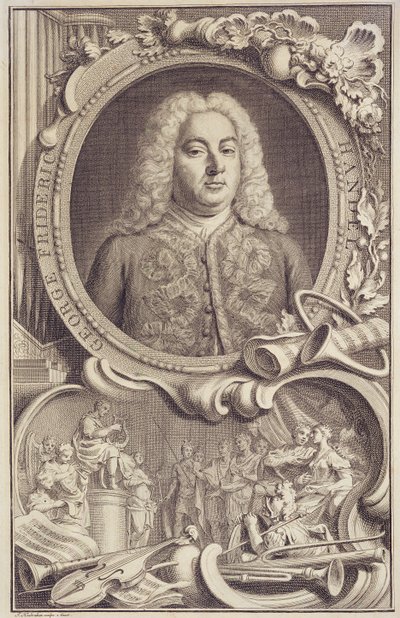 RM 7.f.5 George Frederick Handel (1685-1759), frontispício de "Israel no Egito", gravado por Jacobus Houbraken (1698-1780) de Unbekannter Künstler