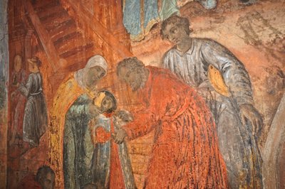 RÚSSIA, Uglich, Igreja Ortodoxa Russa de São Dimitrius sobre o Sangue (1630), fresco retratando a morte de Demétrio (filho de Ivan, o Terrível) de Unbekannt