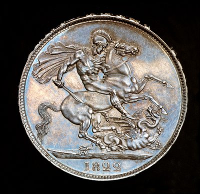 Moeda britânica rara, Rei Jorge IV, coroa de prata de prova, santo padroeiro de Inglaterra a cavalo com espada prestes a matar o dragão, cunhada por Bernedetto Pistrucci de Unbekannter Künstler