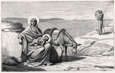 Descanse durante o voo para o Egipto. Alfabeto do menino Jesus. Edição de 1932. Gravuras de madeira assinadas H G. Colecção privada de Unbekannt