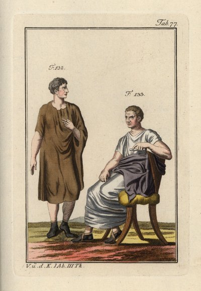 Homem romano envergando a paenula e um senador romano sentado. Gravura em chapa de cobre colorida à mão da obra de Robert von Spalart "Historical Picture of the Costumes of the Principal People of Antiquity and of the Middle Ages" (1798). de Unbekannter Künstler