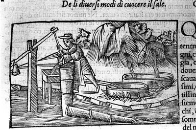 Produção de sal: cozimento. Gravura de Olaus Magnus (1490 - 1557), religioso e geógrafo sueco, "Historia de Gentis Septentrionalibus", Veneza de Unbekannt