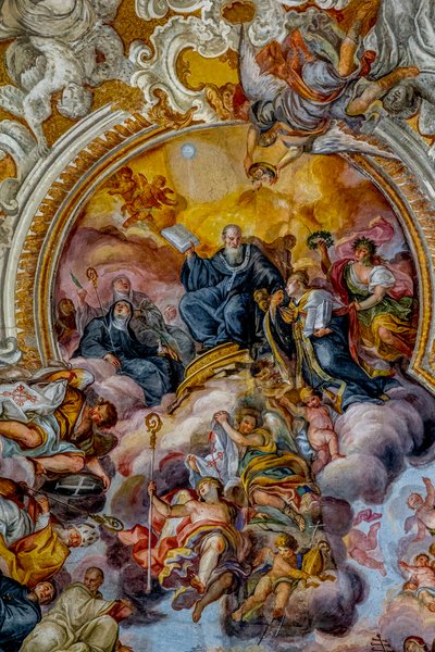 Igreja de San Benedetto (São Bento), Catania, Sicília (Itália). Detalhe do tecto afresco (século XVIII). São Benedito. (foto). de Unbekannt
