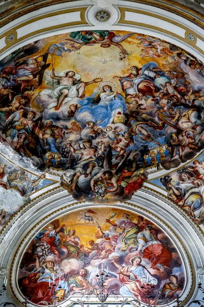 Igreja de San Benedetto (São Bento), Catania, Sicília (Itália). Detalhe afresco no teto (século XVIII), com a coroação de Maria. (foto) de Unbekannt