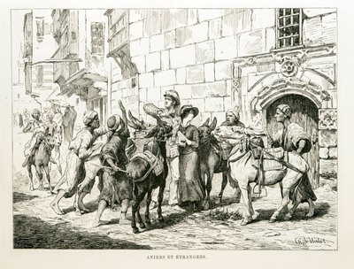 Desenho satírico retratando turistas ocidentais rodeados de burros e seus motoristas - Ilustração do Atlas do Egito de Unbekannt