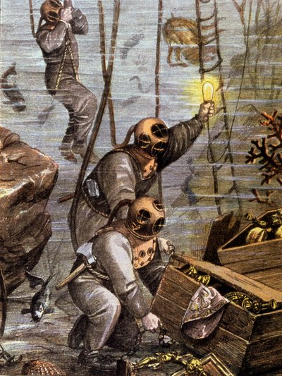 Mergulhador a descobrir um tesouro subaquático, início do século XX (ilustração) de Unbekannter Künstler
