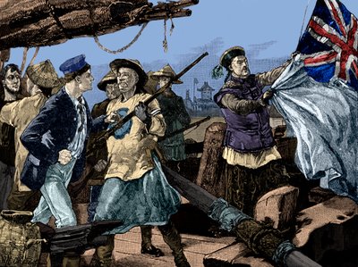 Segunda Guerra do Ópio: Oficiais chineses arrancam a bandeira britânica do navio Arrow de Unbekannter Künstler