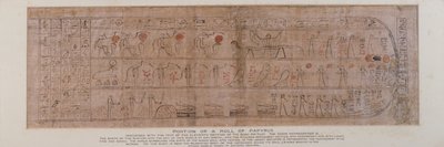 Seção de papiro inscrita com hieróglifos cursivos com o texto da décima primeira seção do Livro de Amtuat descrevendo o nascimento do deus-sol no céu ao raiar do dia, encontrado no pedestal de uma figura de madeira de Ptah-Sokar-Osiris (ver 83305), egípcio de Unbekannt