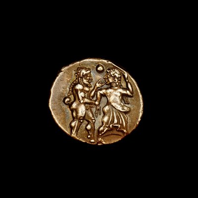 Moeda de prata, Grécia Antiga, ilhas de Thasos, na Trácia, 500 a.C. Importante obra-prima da Antiguidade Clássica, com requintados foliões das Bacantes (foto) de Unbekannter Künstler