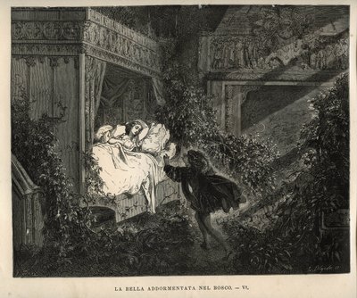 Bela adormecida: o príncipe descobre a princesa adormecida durante cem anos. Gravura de Gustave Dore (1832-1883) de "Les contest" de Charles Perrault (1628-1703) de Unbekannt