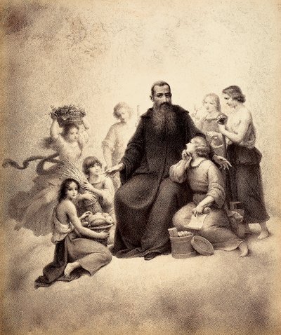 São Bento entronizado está rodeado de jovens com feixes de trigo e cestos de fruta. Ilustração do Canto XXXII do Paradiso da Divina Comédia de Dante Alighieri. Obra de Francesco Scaramuzza dedicada ao Município de Florença. de Unbekannter Künstler