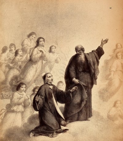 São Bernardo, sorrindo, convida Dante a olhar para o alto; o poeta ajoelha-se, de braços abertos, ao lado do santo; espíritos bem-aventurados rodeiam-nos. Ilustração do Canto XXXIII do Paradiso de A Divina Comédia de Dante Alighieri. Obra de Francesco Scar de Unbekannter Künstler