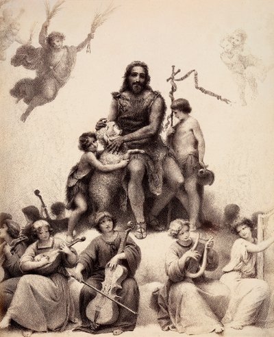 São João Batista está sentado, rodeado de anjos músicos, e acaricia um cordeiro na sua cabeça. Ilustração do Canto XXXII do Paradiso da Divina Comédia de Dante Alighieri. Obra de Francesco Scaramuzza dedicada ao Município de Florença. de Unbekannter Künstler