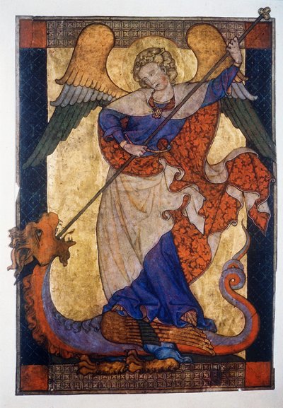 São Miguel a derrotar o dragão - Pergaminho, c.1330, Staatliche Museen Kupferstichkabinett, Berlim de Unbekannter Künstler