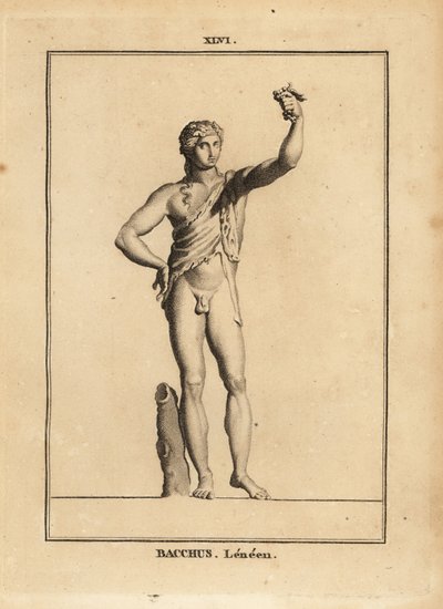 Estátua de Baco Lenaios, o deus romano do vinho, nu mas para uma pele de leão, prensando um cacho de uvas de Unbekannt