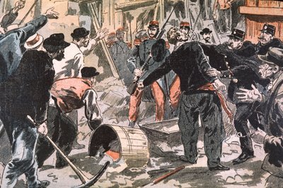 Luta entre grevistas bretões e forças da ordem num estaleiro de construção, Paris, início do século XX (gravura) de Unbekannter Künstler