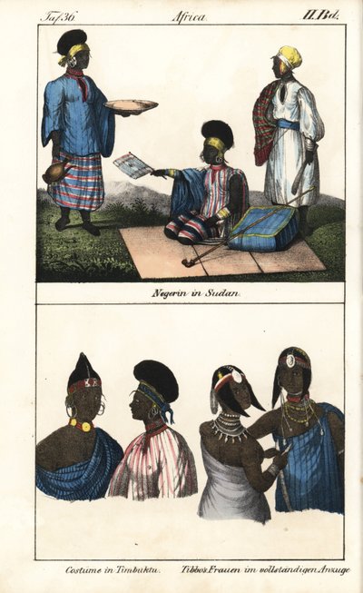 Mulheres sudanesas com vestido às riscas. Em baixo, mulheres de Timbuktu (Mali) e mulheres Tibbo do Sara. Litografia para o livro: "Galerie complete en tableaux fideles des peuples d