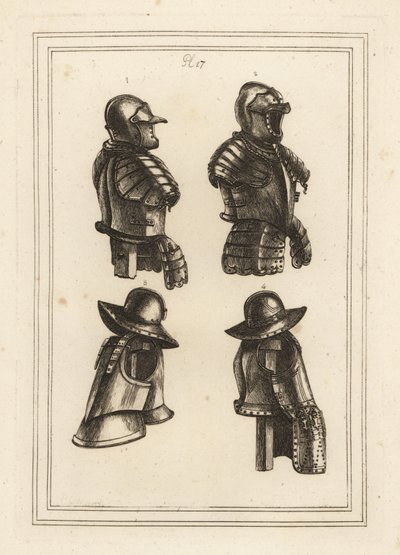 Fato de armadura com descanso de lança, capacete aberto 1, fato de armadura de arquebus 3, e fato de armadura de arquebus com coxas compridas 4 de Unbekannt