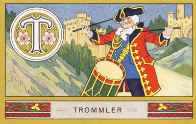 T: Trommler - Alfabeto Palmin. Série de cromolitógrafos publicada por H. Schlinck & Cie, Hamburg, n.d. . Anúncio para Palmin feinstes Cocosfett. Tamanho : 7 x 11 cm de William M. Timlin