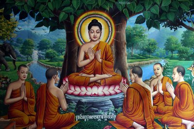 Afresco do templo retratando Buda com discípulos. Camboja de Unbekannt