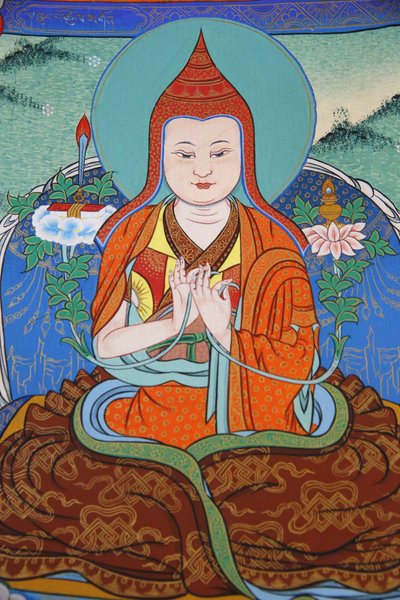 Templo da congregação dos Mil Budas Dashang Kagyu Ling Jamgon Kongtrul Lodroe Thaye Monk orando, La Boulaye, França de Unbekannt