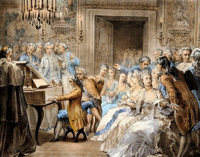 O compositor austríaco Wolfgang Amadeus Mozart (1756-1791), aos 14 anos de idade, reproduzindo de memória o "Miserere" de Gregorio Allegri de Unbekannter Künstler