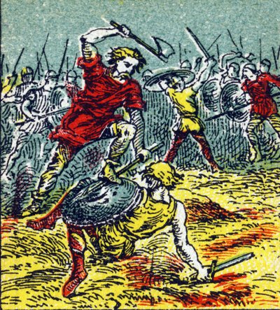 A Batalha de Vouille na qual Clóvis I derrotou os visigodos em 507. Gravura em "Histoire de France". Série de imagens publicitárias publicadas em nome de Louit, 24 rue d