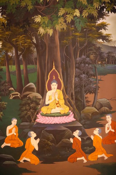 O Buda pregou o seu primeiro sermão aos cinco monges, Afresco de parede, Templo Wat Botum, Phnom Penh, 2022 (foto) de Unbekannter Künstler